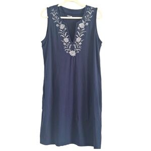 Navy Embroidered V-Neck Midi Dress -